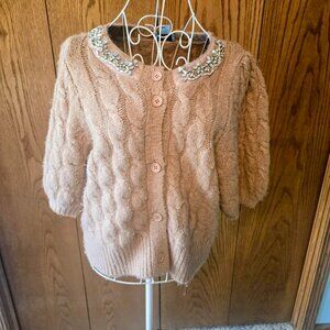 CeCe Size L Large Tan Camel Cable Knit Cardigan Sweater Pearl Rhinestone Collar